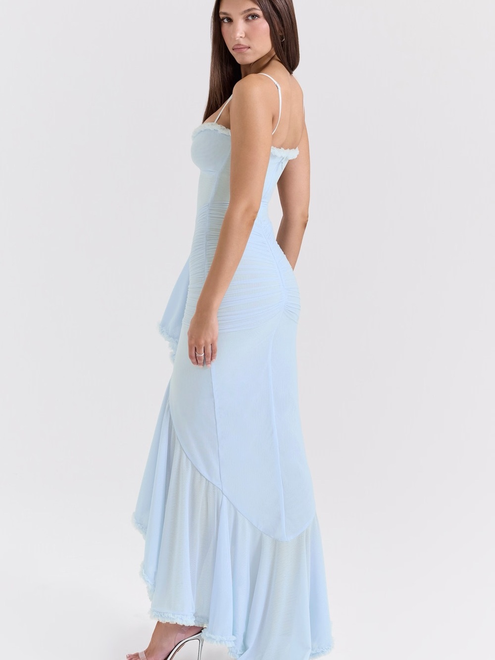 House of CB Gabbi Ice Blue Mesh Ruffled Front Gown With Tag - Picture 7 of 14